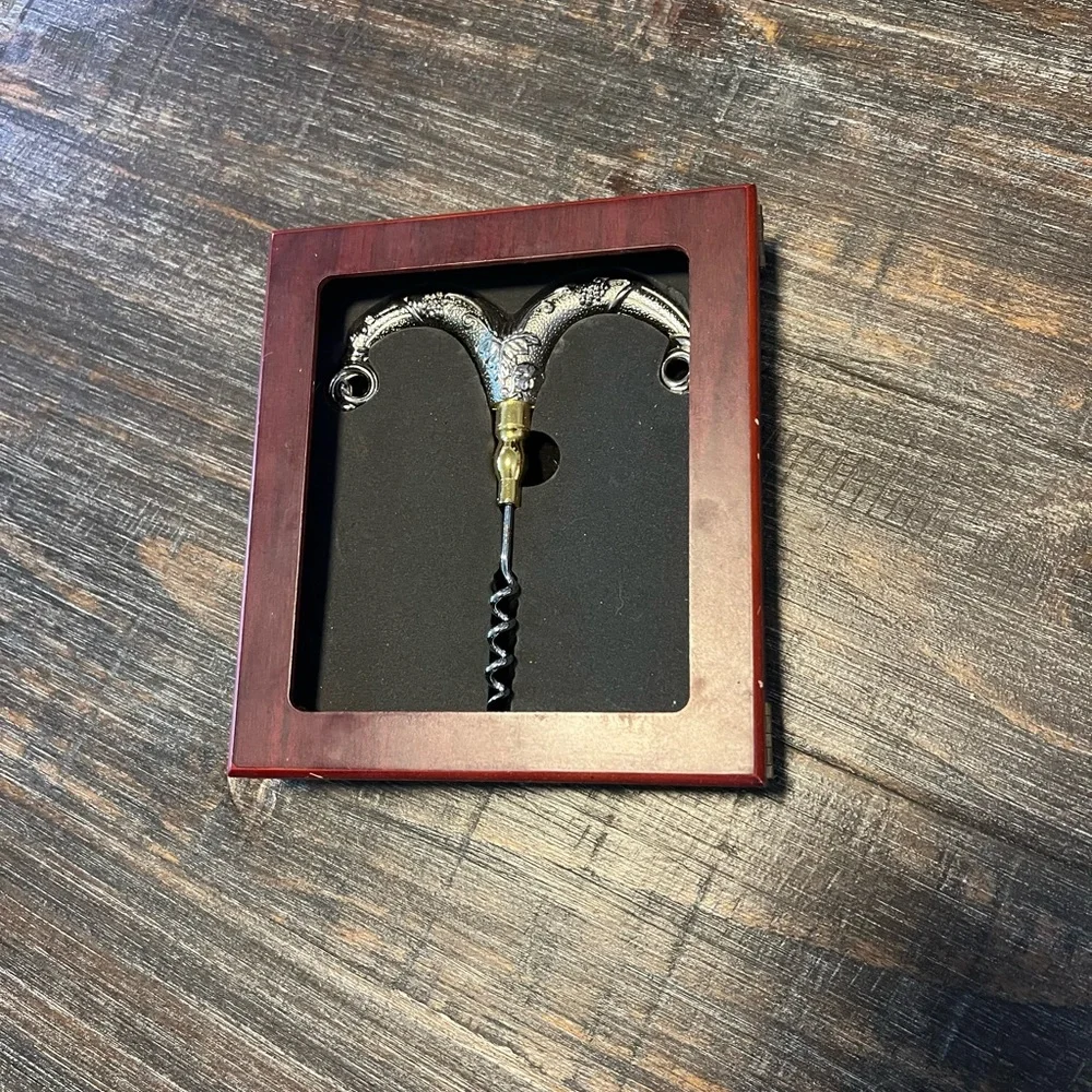 Vintage Bullhead Silver and Gold Corkscrew in Wooden Display